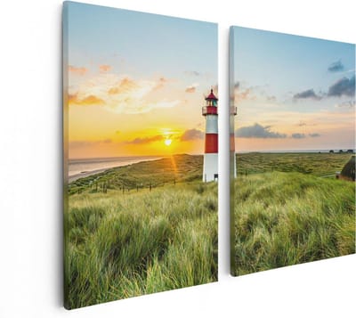 Artaza Canvas Schilderij Tweeluik Vuurtoren met Zonsopgang op een Eiland - 80x60 cm - Wanddecoratie Woonkamer - Schilderijen - Muurdecoratie