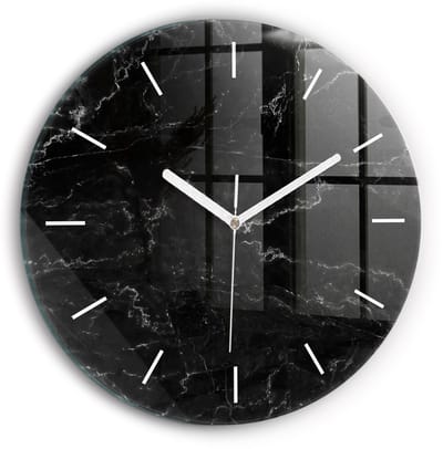 Wallfluent Wandklok - Zwart marmer Klok als Muurdecoratie - 30 cm x 30 cm - Zwart Wandklok - Witte Handen - Wandklok Zonder Cijfers - Wandklok voor in de Keuken - Ronde Glazen Wandklok - Minimalistisch Wandklok - Decoratieve Wandklok