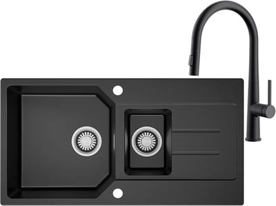 Anycee max Granieten Keuken 86x45CM - Spoelbak Keuken 1.5 Met Keukenkraan met Uittrekbare Uitloop - Spoelbakken Keuken Met Primaire en Tweede Bak - Wasbak Keuken - Incl. Sifon en Afvoerzeefje - Zwart