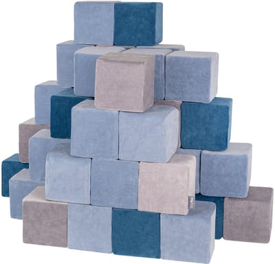 KiddyMoon Soft VELVET blokken 14cm blokjes: lagoon turquoise-ijsblauw-berggrijs 48 schuimblokken speelgoed