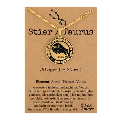 Stier / Taurus Sterrenbeeld Ketting op Cadeau Kaartje - Goudkleurig - RVS - Spiritueel Cadeau - 60cm - Pax Amare