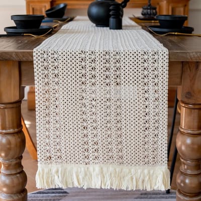 Macramé tafelloper boerderij boho beige tafelloper met kwastje geweven katoen gehaakt kant tafelloper voor Boheemse keuken eettafel, 30 x 240 cm