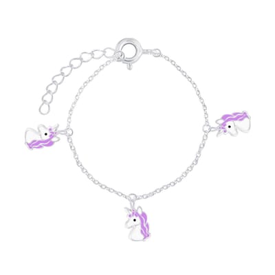 Joy|S - Zilveren eenhoorn bedel armband paars witte unicorn 14 cm + 3