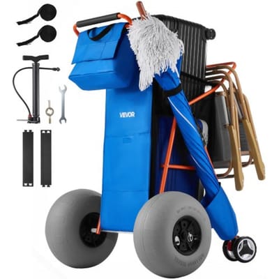 VEVOR strandkar met ballonbanden (30 cm), opvouwbare strandtrolley met geïsoleerde tas en parasolhouder, handkar (draagvermogen 75 kg) voor maximaal 4 strandstoelen, strandkar ideaal voor kamperen en vissen