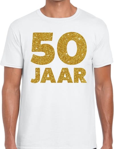 50 Jaar verjaardag - gouden glitters tekst - t-shirt - wit - heren - korte mouwen - Abraham pop kleding S