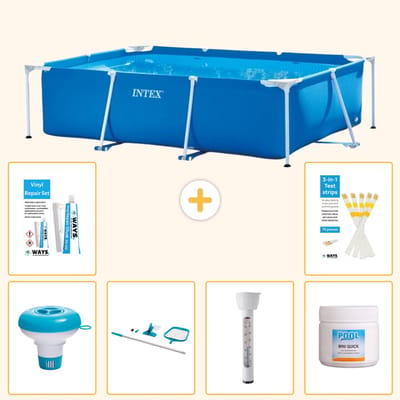 Intex Rechthoekig Frame Zwembad - 220 x 150 x 60 cm - Blauw - Inclusief Chloordrijver - Schoonmaakset - Thermometer - Chloor - Reparatiesetje - Testrips - 7-delig