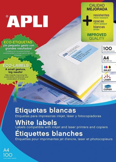 Apli 01290 Witte Etiketten - 100x12 stuks - Formaat 70x67,7mm - Rechte Hoeken