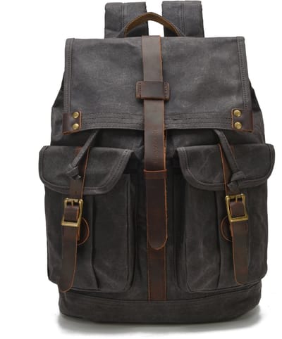 DE LAMASSU® Canvas Rugzak 16 inch Laptop – 24L – Vintage Backpack – Waterafstotend – Echt Leer Details – 35x16x43 cm – 1,1 kg