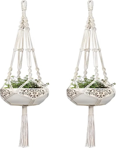 Nevi Macramé Plantenhanger Jute - Bloempot - Boho Handgeweven Hangpot voor Binnen & Buiten - Plantenhangers Set van 2
