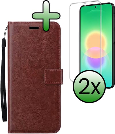 Hoesje Met 2x Screenprotector - Geschikt voor Samsung Galaxy A27 - Luxe Pasjeshouder - Bookcase Portemonee - Flip Case - Kunstleer Book Case - Flipcase Hoes - Book Cover - Walletcase - Portemonneehoes - Bruin
