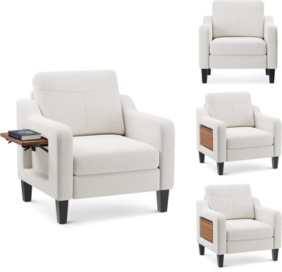 COLAMY stoffen fauteuil met houten zijpanelen - sterk draagvermogen 136 kg - comfortabel en stevig - beige