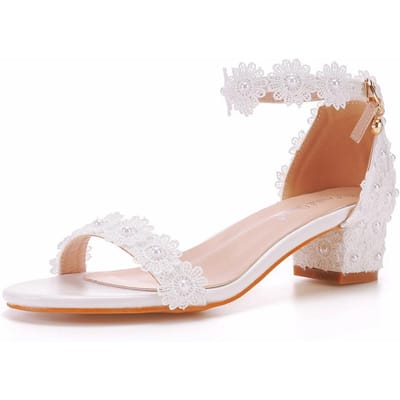 7cm Dikke Hak Lage Opening Enkele Band Kralen Vierkante Hak Sandalen Witte Kant Bruids Bruiloft Schoenen Dikke Hak Sandalen 43 white