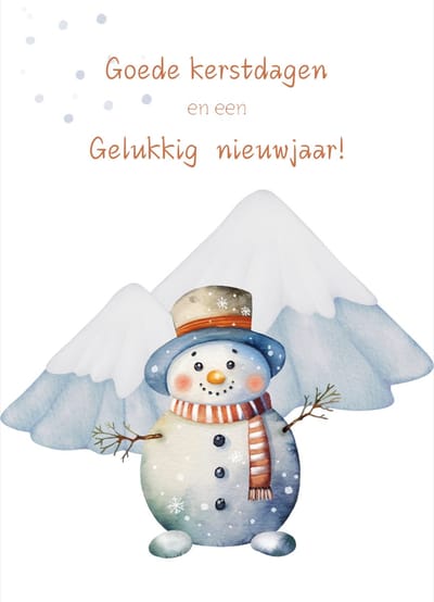 Kerstkaart voor kinderen- Sneeuwpop met hoed- Goede kerstdagen en een gelukkig nieuwjaar- Kwaliteitskaart 400 grams papier- Achterzijde voorbedrukt met adresregels