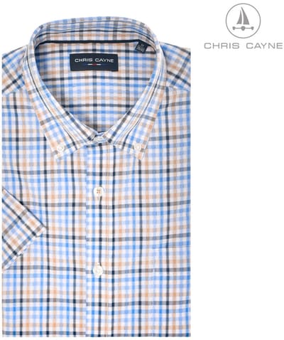 Chris Cayne heren overhemd - korte mouw - M - borstzak - offwhite/blauw/zand - ruit dessin - 100 % Katoen - borstzak