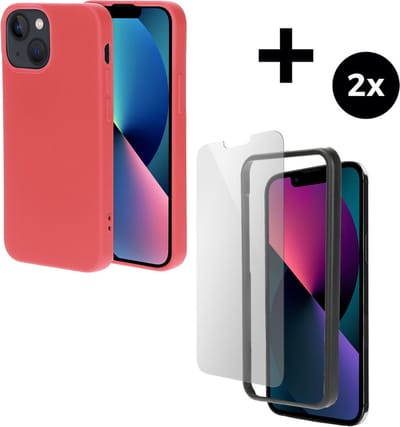 Mobiparts Silicone Cover hoesje geschikt voor Apple iPhone 13 mini met 2 Screenprotectors van Gehard Glas - Rood