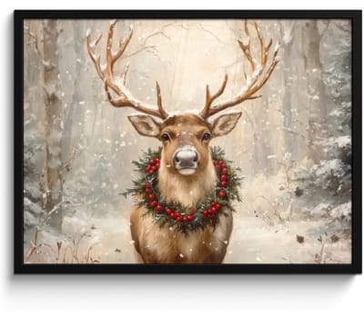 Poster in lijst - Fotolijst 70x50 cm - Posters - Kerst - Rendier - Winter - Krans - Posterlijst zwart - Decoratie - Wanddecoratie woonkamer - Muurdecoratie slaapkamer - Kerstversiering - Kerstdecoratie voor binnen - Kerstmis