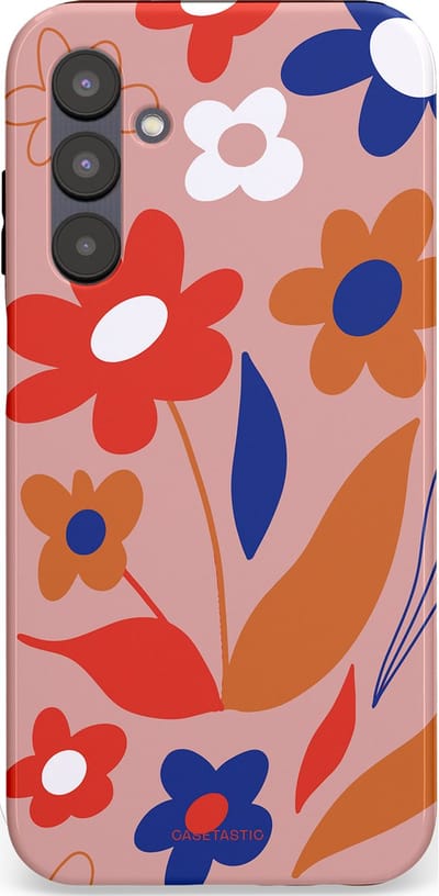 Casetastic hoesje geschikt voor Samsung Galaxy A25 - Dubbellaagse bescherming - Vormen in bloei - Fashion Case - Perzik Rood Donkerblauw