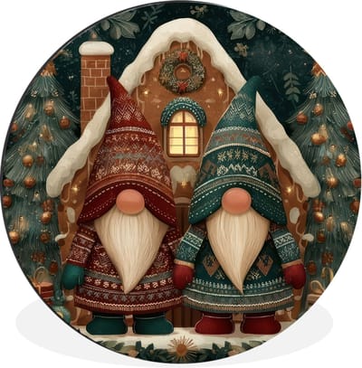 WallCircle - Wandcirkel - Muurcirkel - Kerst - Gnomen - Peperkoekhuisje - Rood - Groen - Aluminium - Dibond - 30x30 cm - Binnen en Buiten
