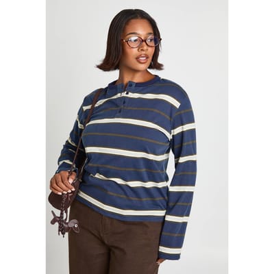 boohoo Dames Plus gestreepte lange mouw Henley met knoop boxy top | Blauw | Maat: 46