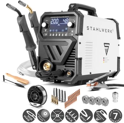 STAHLWERK MIG MAG 200 Puls Pro Digital Alu-Set | Gas-afgeschermde booglasser | IGBT Inverter 200 A | Synergische draadaanvoer | Aandrijving met 4 rollen, FLUX, Lift-TIG, MMA, CuSi, MIG-Pulse voor aluminium