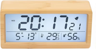 Digitale wekker, Houten tafelklok met extra groot LCD display, Temperatuur en luchtvochtigheid weergave, Nachlicht en Sluimerfunctie, Batterij gevoed type1