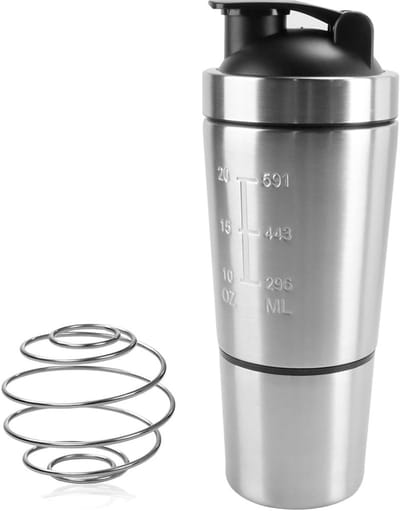 Dailygoods- Proteïne Shaker Roestvrij Staal 600/200 ml - BPA-vrij - Dubbelwandig - 2-in-1 Ontwerp - Maatbeker - Bewaarbakje - Eiwitshaker