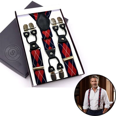 Sorprese - Luxe Chique Bretels - Royal Check - Zwart Leer - 6 Stevige Clips - Bretels Heren Volwassenen - Inclusief Cadeaudoos