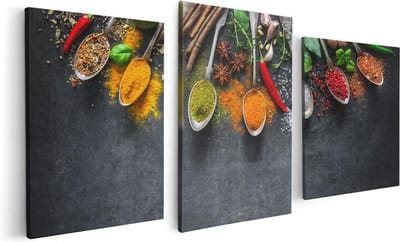 Artaza Canvas Schilderij Drieluik Kruiden En Specerijen Op Een Zwarte Plaat - 120x60 - Foto Op Canvas - Canvas Print
