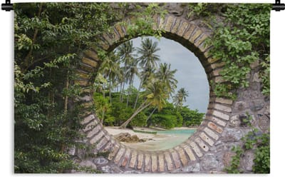 Wandkleed - Wanddoek - Palmbomen - Tropisch - Doorkijk - Strand - 180x120 cm - Wandtapijt