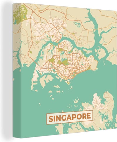 Canvas Schilderij Singapore - Plattegrond - Stadskaart - Vintage - Kaart - 20x20 cm - Wanddecoratie