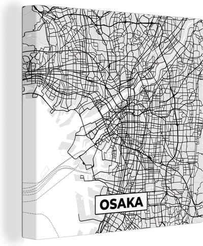 Canvas Schilderij Osaka - Stadskaart - Zwart Wit - Plattegrond - Kaart - 20x20 cm - Wanddecoratie