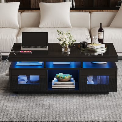 Pugsdrly 100 × 50 × 43 cm Glanzend zwarte salontafel, met LED-lampen die via een mobiele app kunnen worden bediend, salontafel met kast, salontafel met oplaadpunt en stopcontact, geschikt voor op kantoor of in de werkkamer