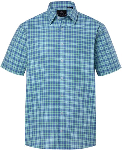 Boston Park - Heren - Geruit overhemd in linnenlook korte mouwen kentkraag - Denim blauw - Maat L