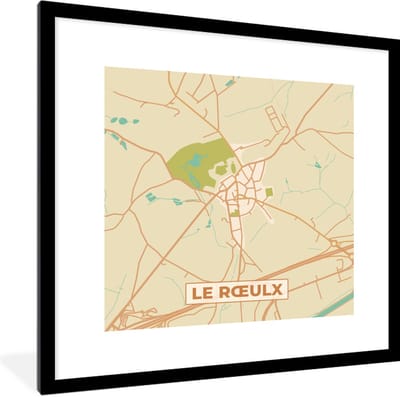 Fotolijst incl. Poster - Kaart - Le Roeulx - Plattegrond - België - Stadskaart - 40x40 cm - Posterlijst