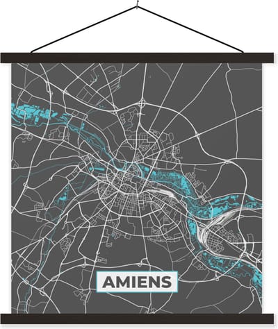Posterhanger incl. Poster 60x60 cm - Schoolplaat - Frankrijk - Kaart - Stadskaart - Kaart - Plattegrond - Amiens - Textielposter - Zwarte latten - Stadskaart