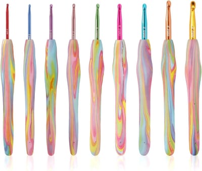 Set van 9 Haaknaalden met Regenboog Soft Grip - Aluminium Haaknaalden voor Beginners en Ervaren Haakliefhebbers - Ideaal voor Breien en Haken in Diverse Maten