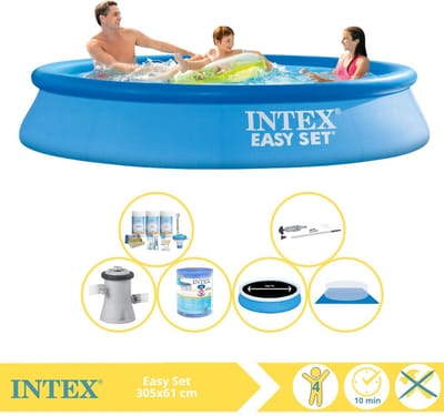 Intex Rond Opblaasbaar Easy Set Zwembad - 305 x 61 cm - Blauw - Inclusief Solarzeil - Onderhoudspakket - Zwembadfilterpomp - Filter - Grondzeil - Stofzuiger - 7-delig