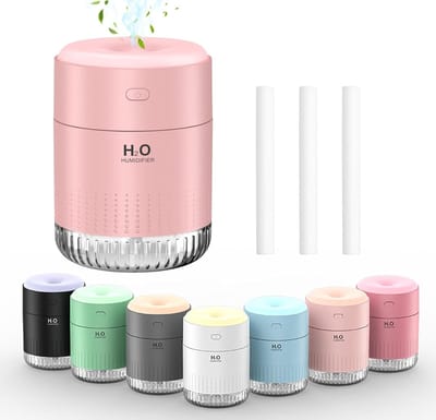 SnelShoppen - Mini Luchtbevochtiger voor Slaapkamer en Kantoor, Stille 350ml Bevochtiger met 7 Kleuren LED Licht, Automatische Uitschakeling, Roze, Id