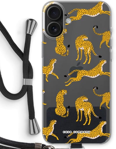 Case Company® - Hoesje met koord geschikt voor iPhone 16 Plus hoesje met Koord - Luipaard - Telefoonhoesje met Zwart Koord - Bescherming aan alle Kanten en Over de Schermrand