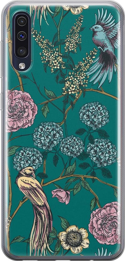 Hoesje geschikt voor Samsung Galaxy A50 - Vogels Japanse bloemen - Soft Case - TPU - Bloemen - Blauw - Mooie Telefoonhoesjes