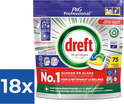 Dreft Platinum Lemon All in 1 Vaatwastabletten - 75 tabs - Voordeelverpakking 18 stuks