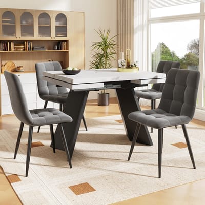 STILVORA Eethoek - Uitschuifbare Eettafel Met 4 Stoelen - Voor Eetkamer En Keuken - MDF Metaal Fluweel - 99-159x74x77 Cm