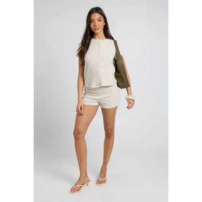 boohoo Dames Geribbelde Korte Mouw Doorknoop Top En Short Set | Ecru | Maat: 42
