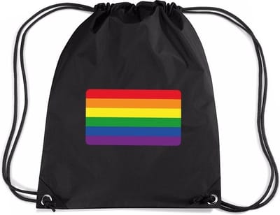 Regenboog nylon rijgkoord rugzak/ sporttas zwart met Regenboog vlag