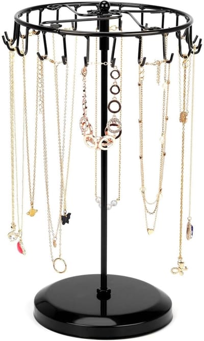GELLDG Draaiende kettingstandaard - Metalen Roterende Sieraden Houder Display Standaard – Hang Organizer Toren Rek – Opslag Voor Kettingen & Armbanden, Ringen & Oorbellen - 23 Haken – 34 x 20 cm - Zwart
