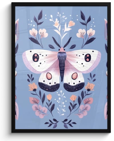 Poster in lijst - Fotolijst 50x70 cm - Posters - Vlinder - Vleugels - Stippen - Bloemen - Posterlijst zwart - Decoratie - Wanddecoratie woonkamer - Muurdecoratie slaapkamer