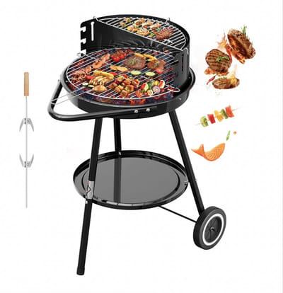 Homelux Draagbare houtskoolgrill + BBQ-spies met bevestigingsclips - Ronde grill met wielen en windscherm - BBQ - Hoogte verstelbaar - roestvrijstalen rooster voor tuin en camping