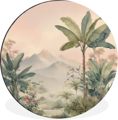 WallCircle - Wandcirkel - Muurcirkel - Tropisch landschap - palmbomen - Bloemen - Roze lucht - Aluminium - Dibond - 30x30 cm - Binnen en Buiten