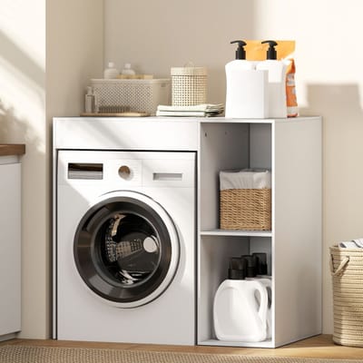Wishdor - Opbergkast Voor Wasmachine En Droger - Met Bovenblad, Twee Open Vakken En Kantelbeveiliging - Ruimtebesparend Ontwerp - Voor Wasruimte Of Badkamer - Houten Constructie - Wit