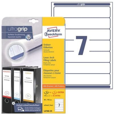 AVERY Printbare rugetiketten  - L4760 - zelfklevend - 192 x 38 mm - 175 etiketten - 25 vellen - wit